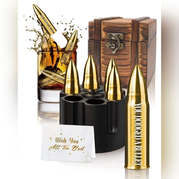 Bullet Shaped Stones Gift Set for Men with Vintage Wooden Case, Metal Stainless - Picture 2 of 3